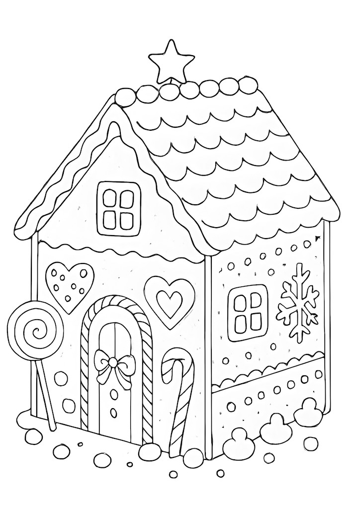 Coloring page of a gingerbread house with four decorated walls, featuring candy details and a star on top