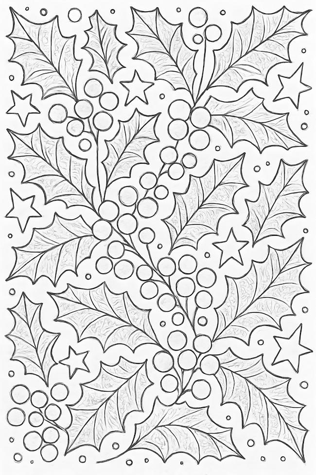 Coloring page featuring holly leaves, berries, and stars in a festive arrangement