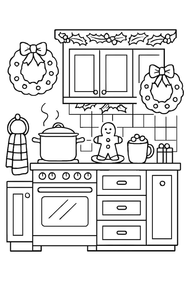 Coloring page of a festive kitchen scene featuring wreaths, a stove, a pot, and a gingerbread cookie