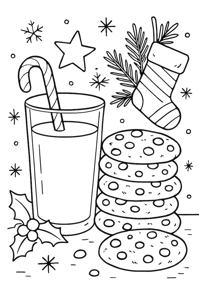 Coloring page of a glass of milk with a candy cane, a stack of cookies, and a Christmas stocking surrounded by stars and holly