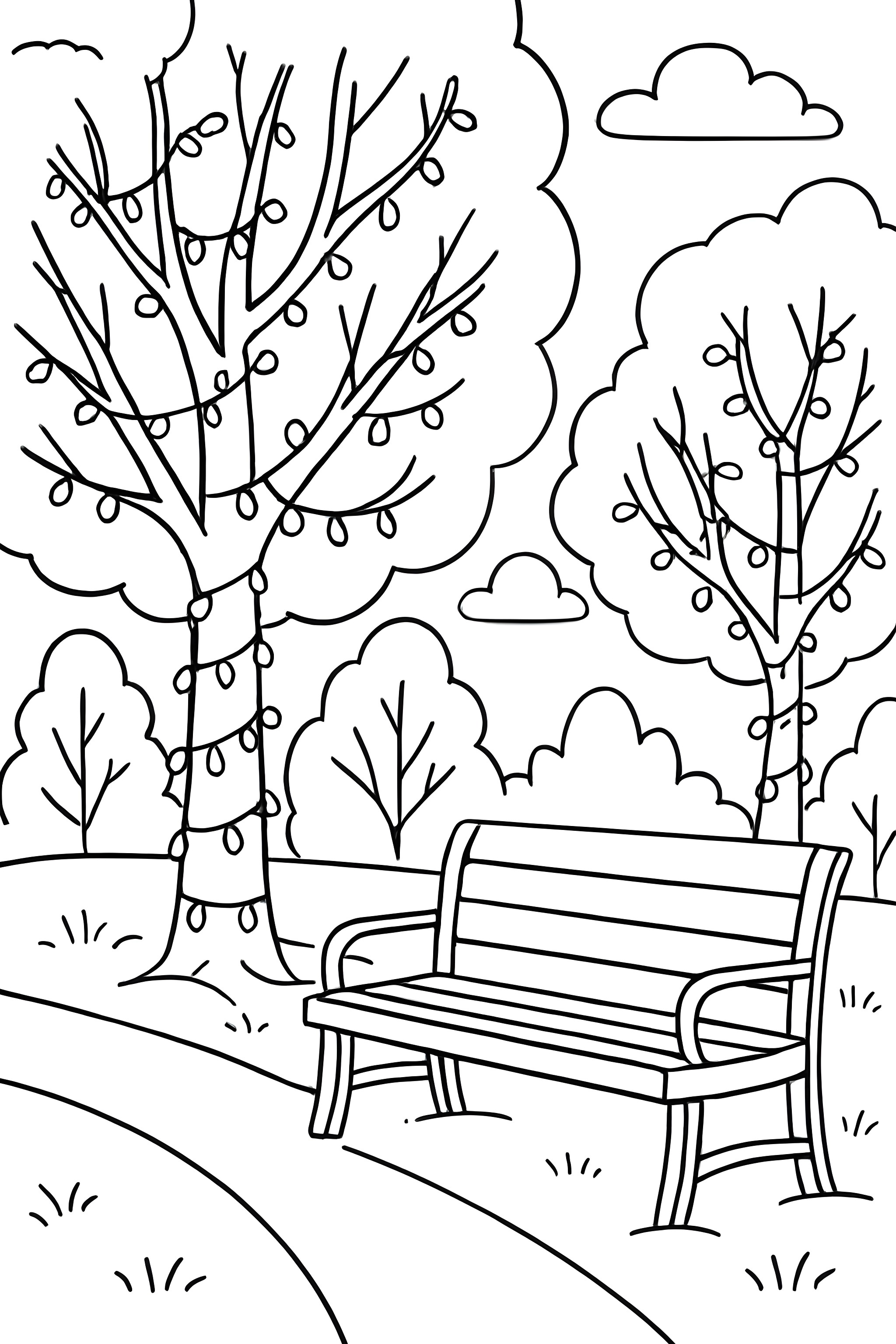 A festive park scene featuring trees wrapped in colorful Christmas lights and a nearby bench