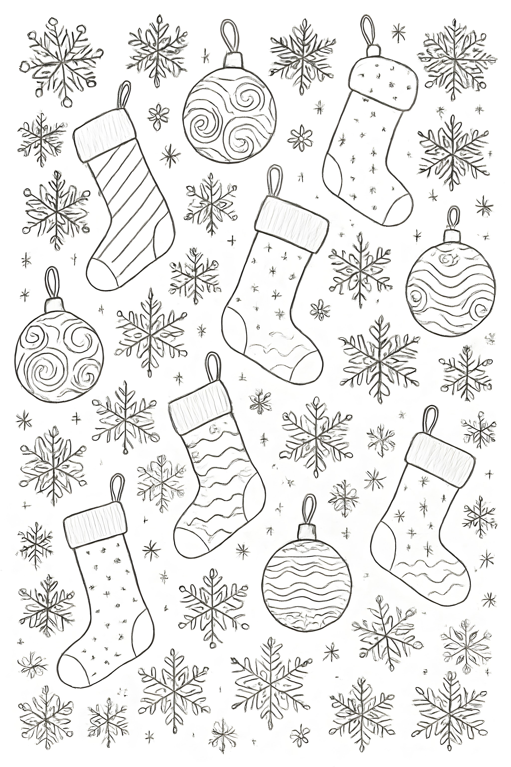 Coloring page featuring various stockings, ornaments, and intricate snowflakes in a festive arrangement