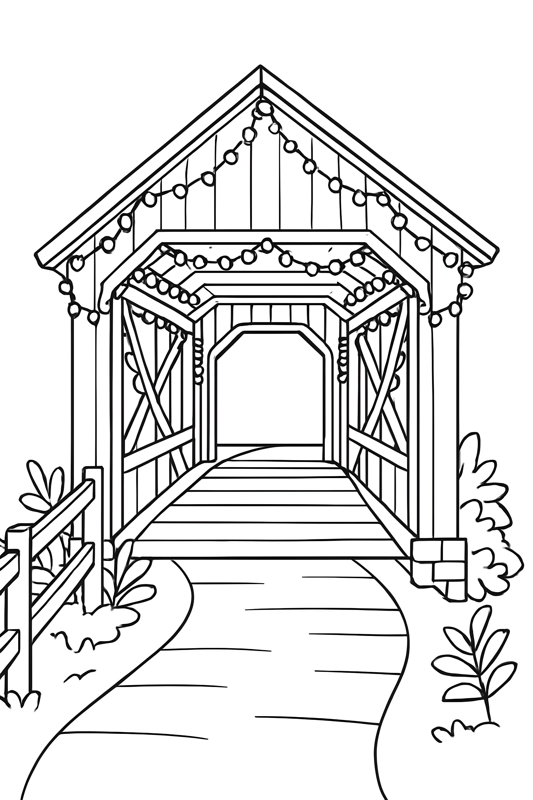 A covered bridge adorned with holiday lights and surrounded by greenery.