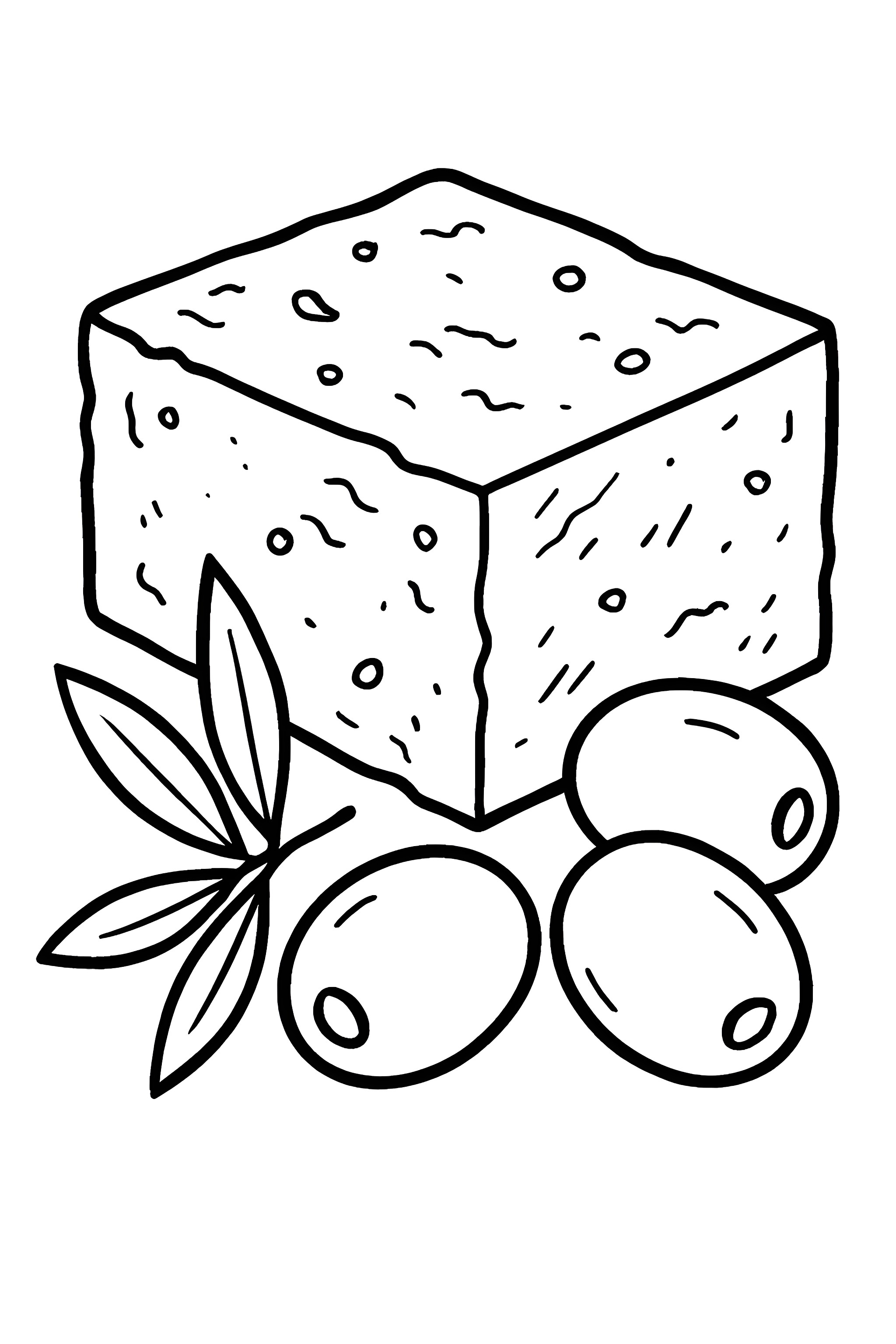 Block of feta cheese accompanied by three olives and green leaves