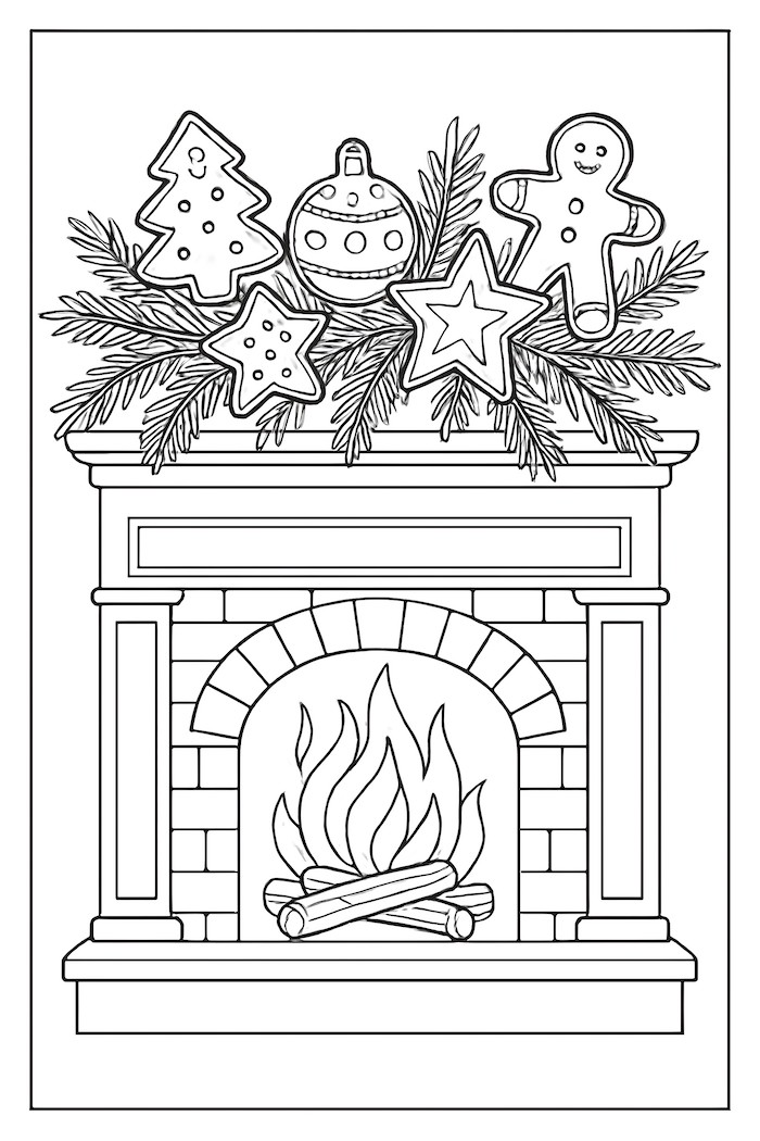 Coloring page of a fireplace mantel decorated with cookies, pine branches, and festive ornaments
