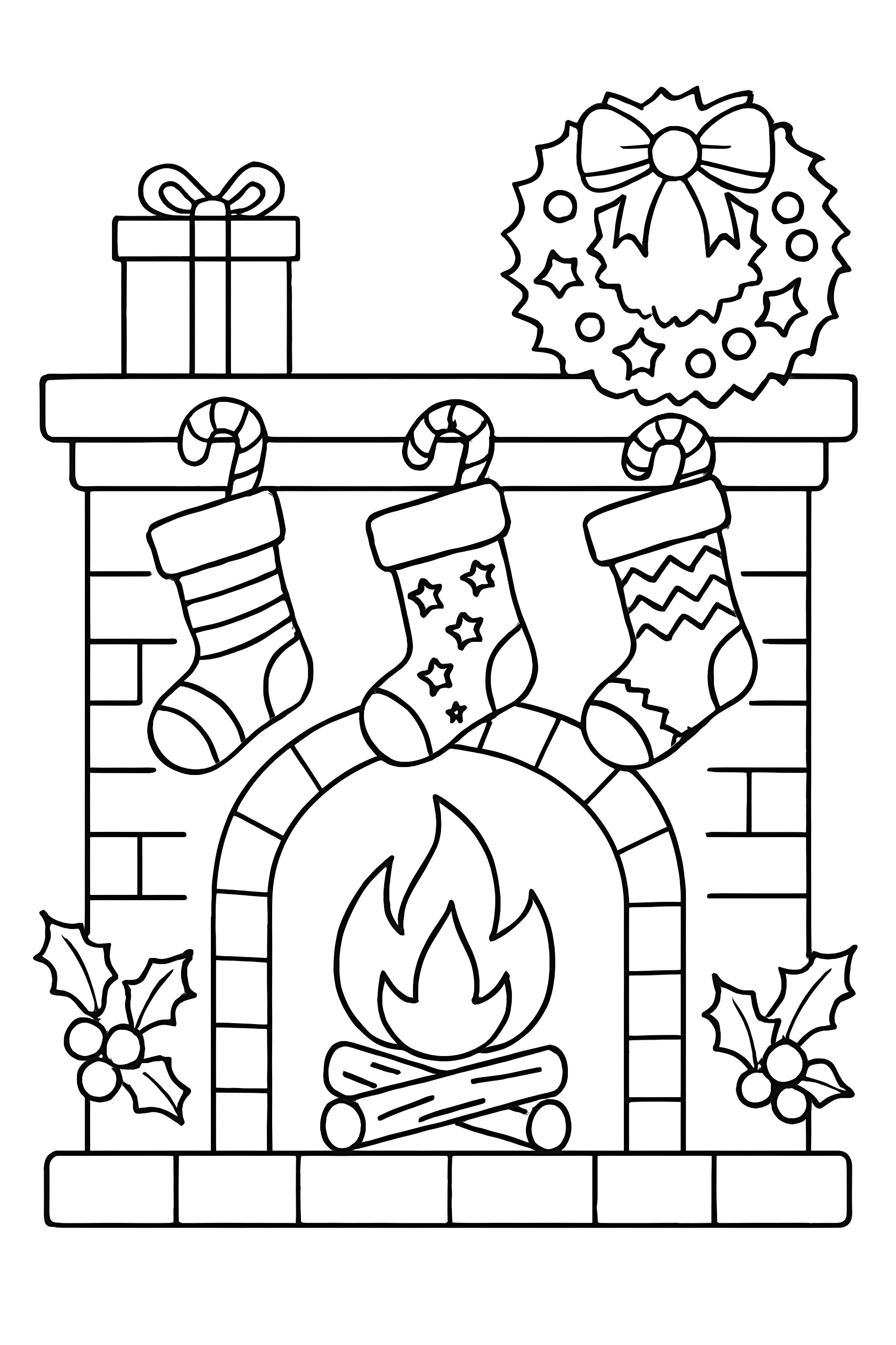 A fireplace scene with three stockings filled with candy canes, logs burning in the fireplace, a wreath, and a gift box on the mantel