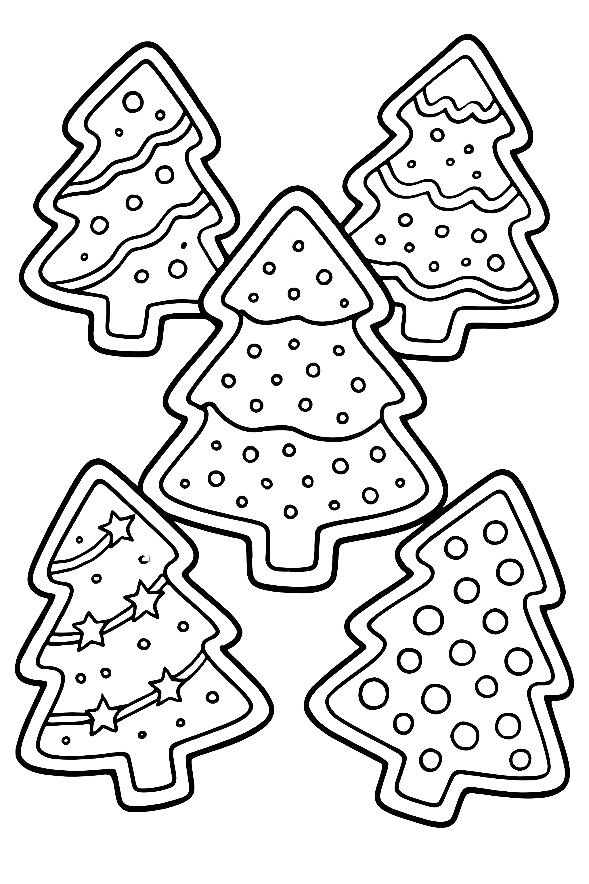 Coloring page featuring five decorated Christmas tree cookies with icing, sprinkles, and a garland detail