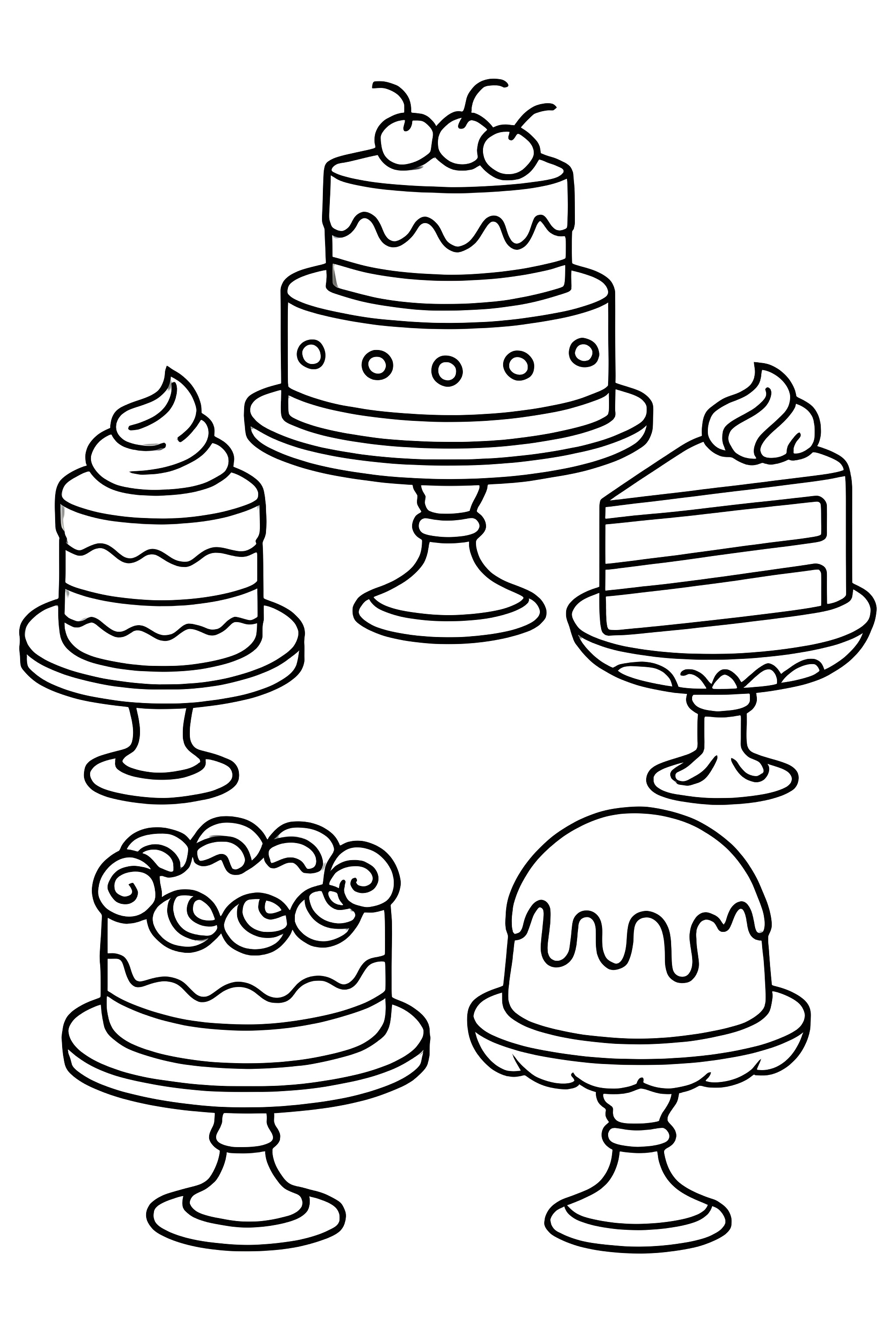 Coloring page featuring five different cake stands with assorted cakes, including layered cakes, a slice, and a dome-shaped dessert