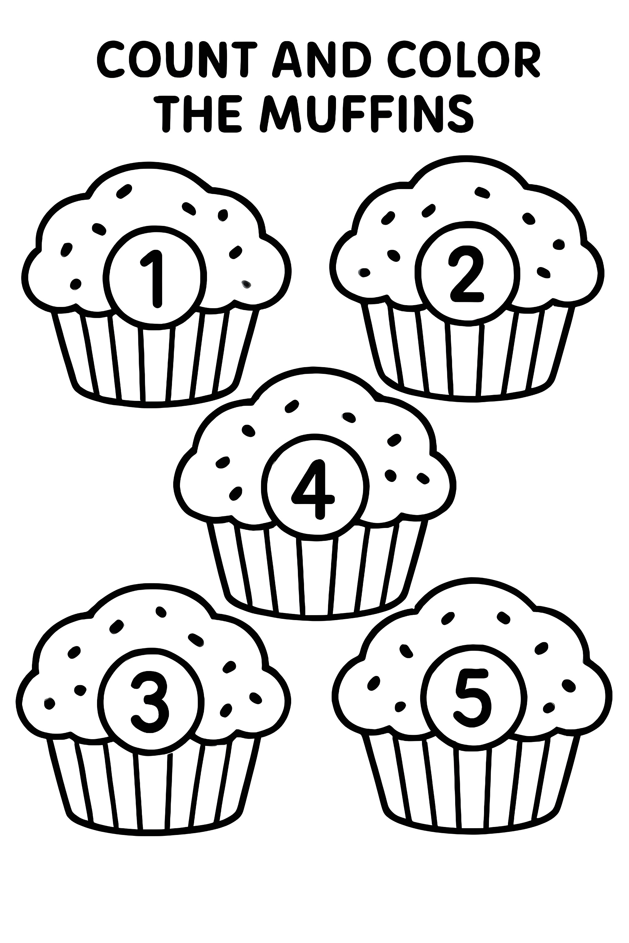 Coloring page featuring five numbered muffins with sprinkles, arranged in a row, each displaying numbers 1 through 5
