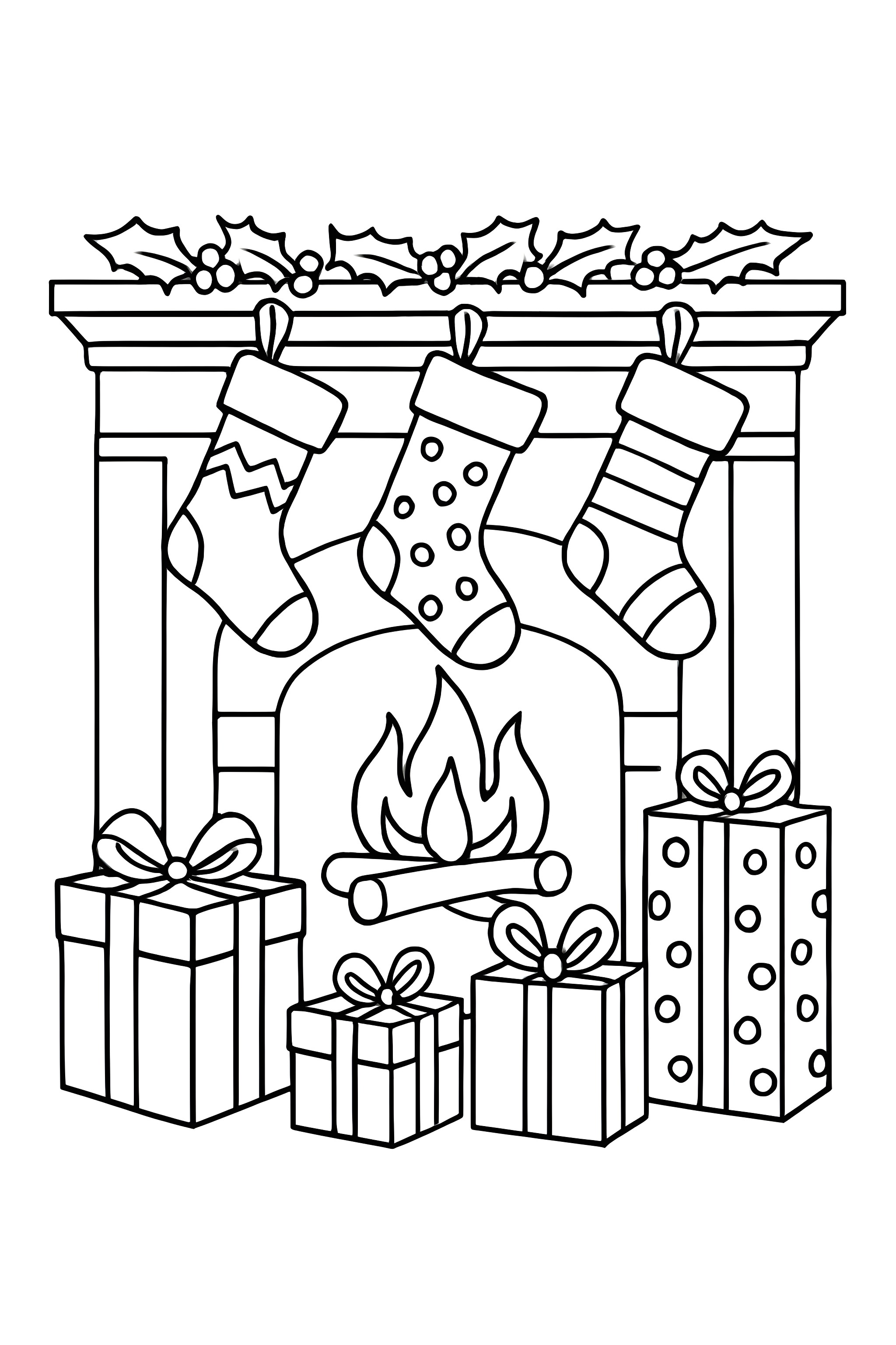Coloring page of a fireplace mantle decorated with five stockings and several wrapped presents underneath