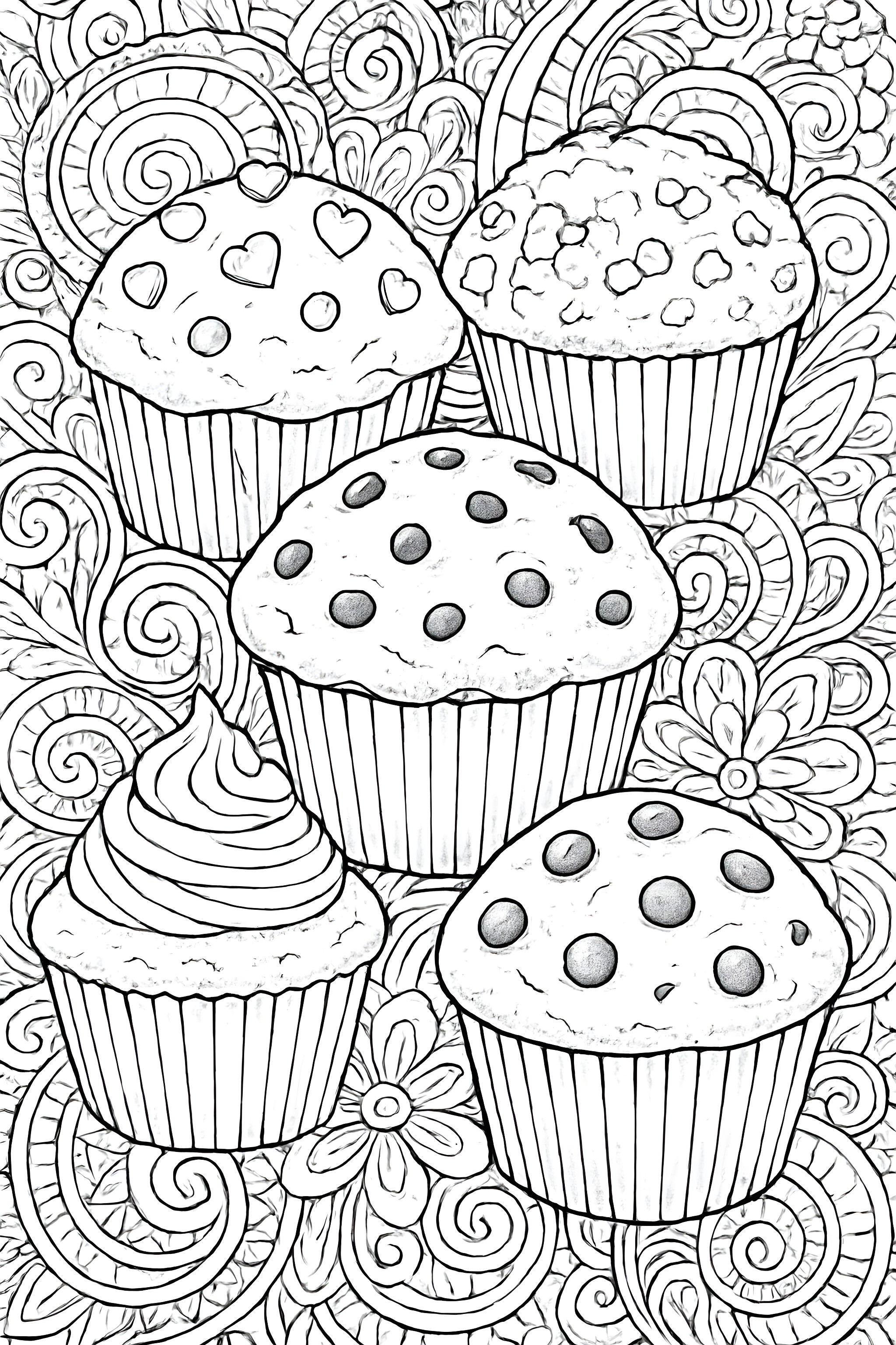 Coloring page featuring five muffins with various toppings, surrounded by intricate floral and swirling patterns