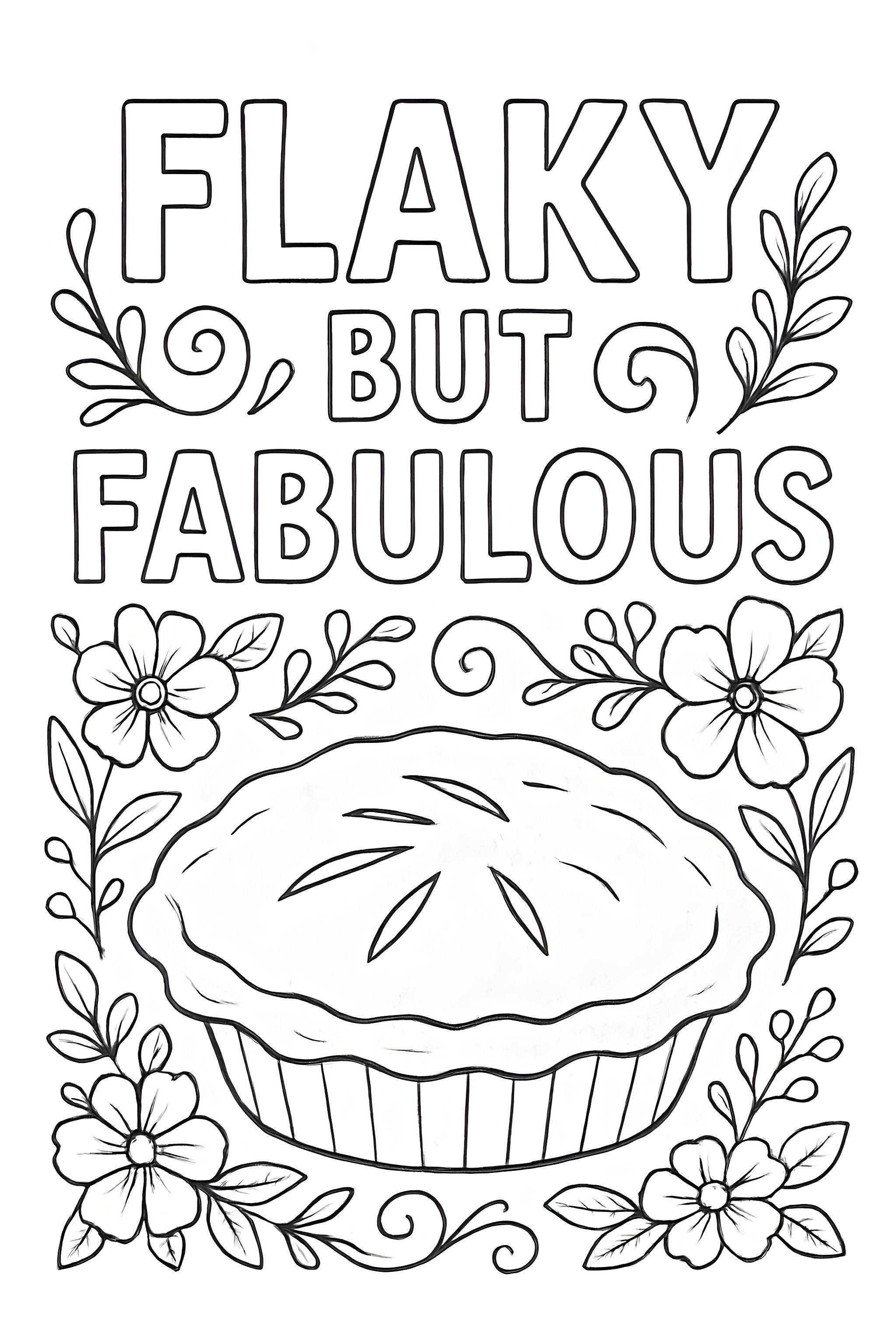 Coloring page featuring a pie with a decorative crust surrounded by flowers and leaves, accompanied by the phrase 'Flaky but fabulous.'