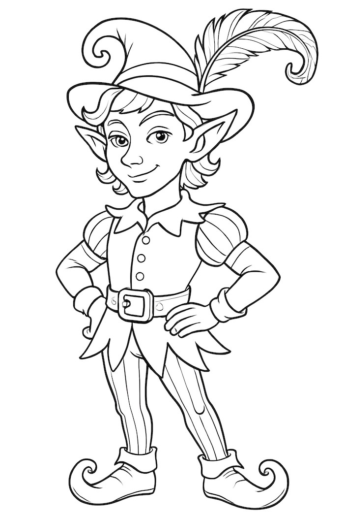 Coloring page of a flamboyant elf wearing a feathered hat, with pointed ears and a playful expression
