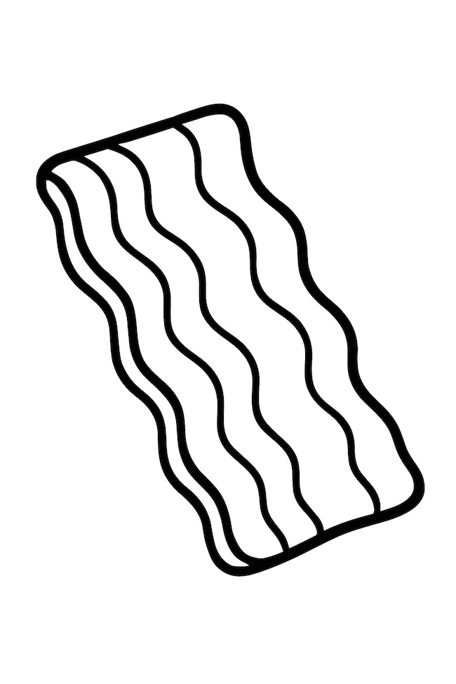 Coloring page of a single slice of crispy bacon with wavy, irregular edges and dynamic curves