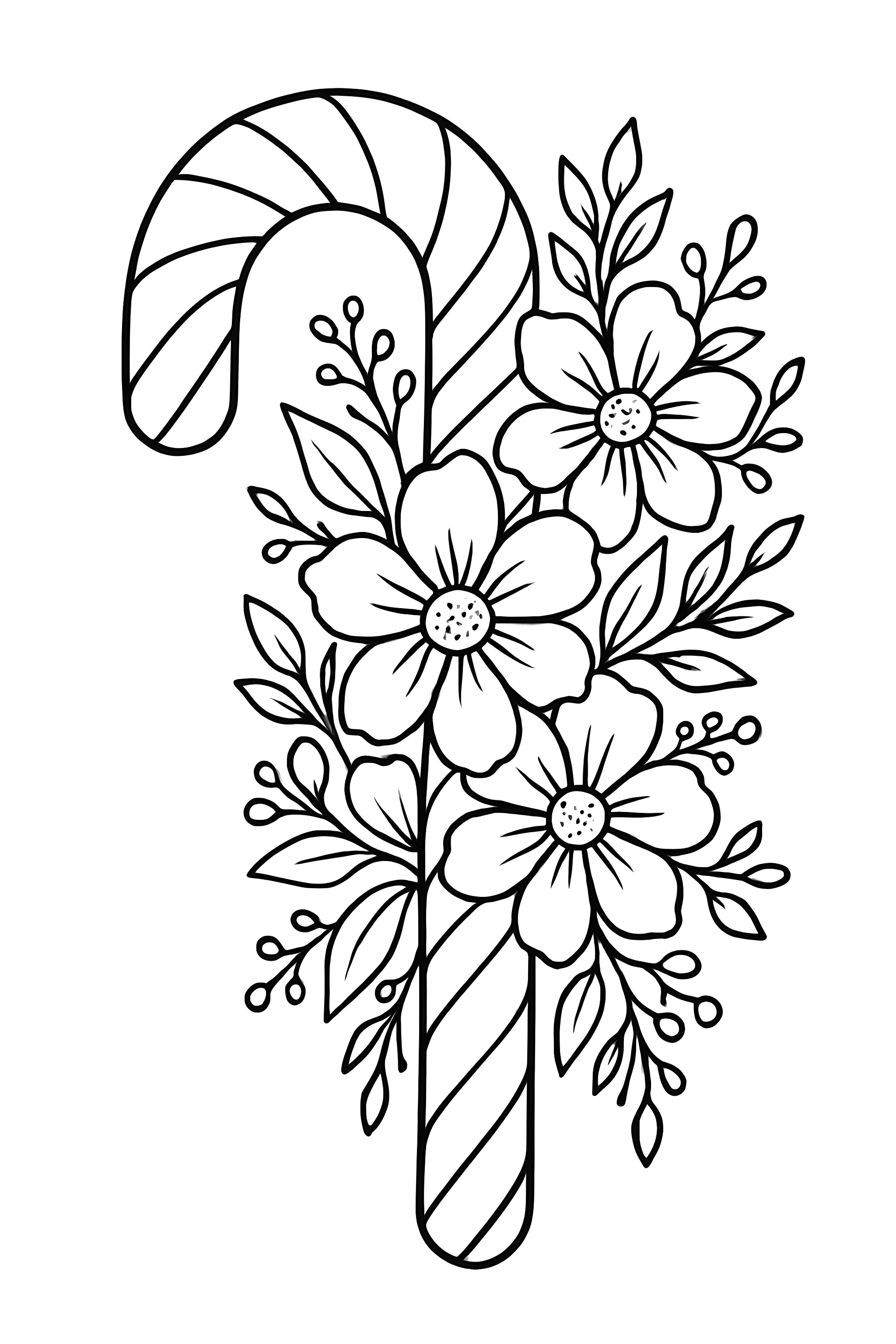 A candy cane adorned with floral designs and leaves wrapping around it