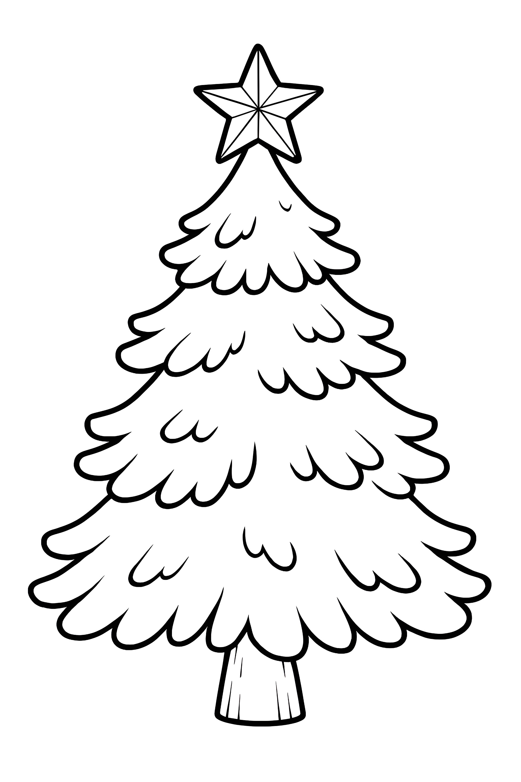 Coloring page of a Christmas tree with fluffy branches and a prominent star on top, featuring a simple trunk