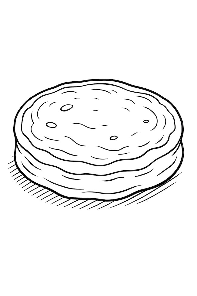 Coloring page of a fluffy pancake featuring subtle shadows and textured surface details