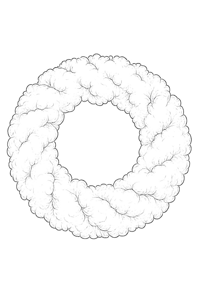 Coloring page of a plush fluffy wreath with snow-like textures and a central empty space