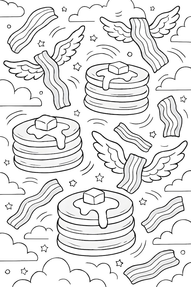 Coloring page of stacked pancakes topped with melting butter and flying bacon strips surrounded by clouds and stars