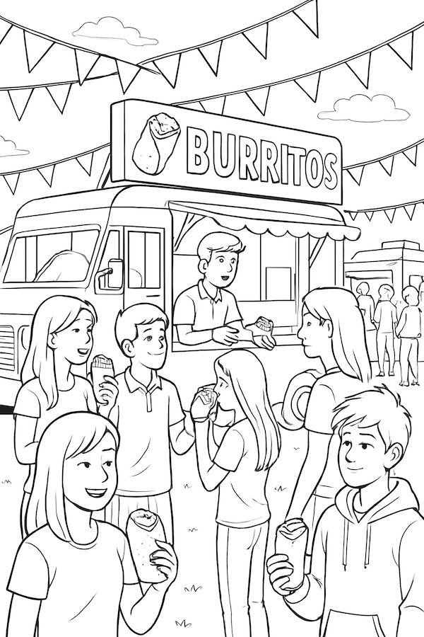 Coloring page of a busy food truck festival featuring a burrito truck and customers enjoying food