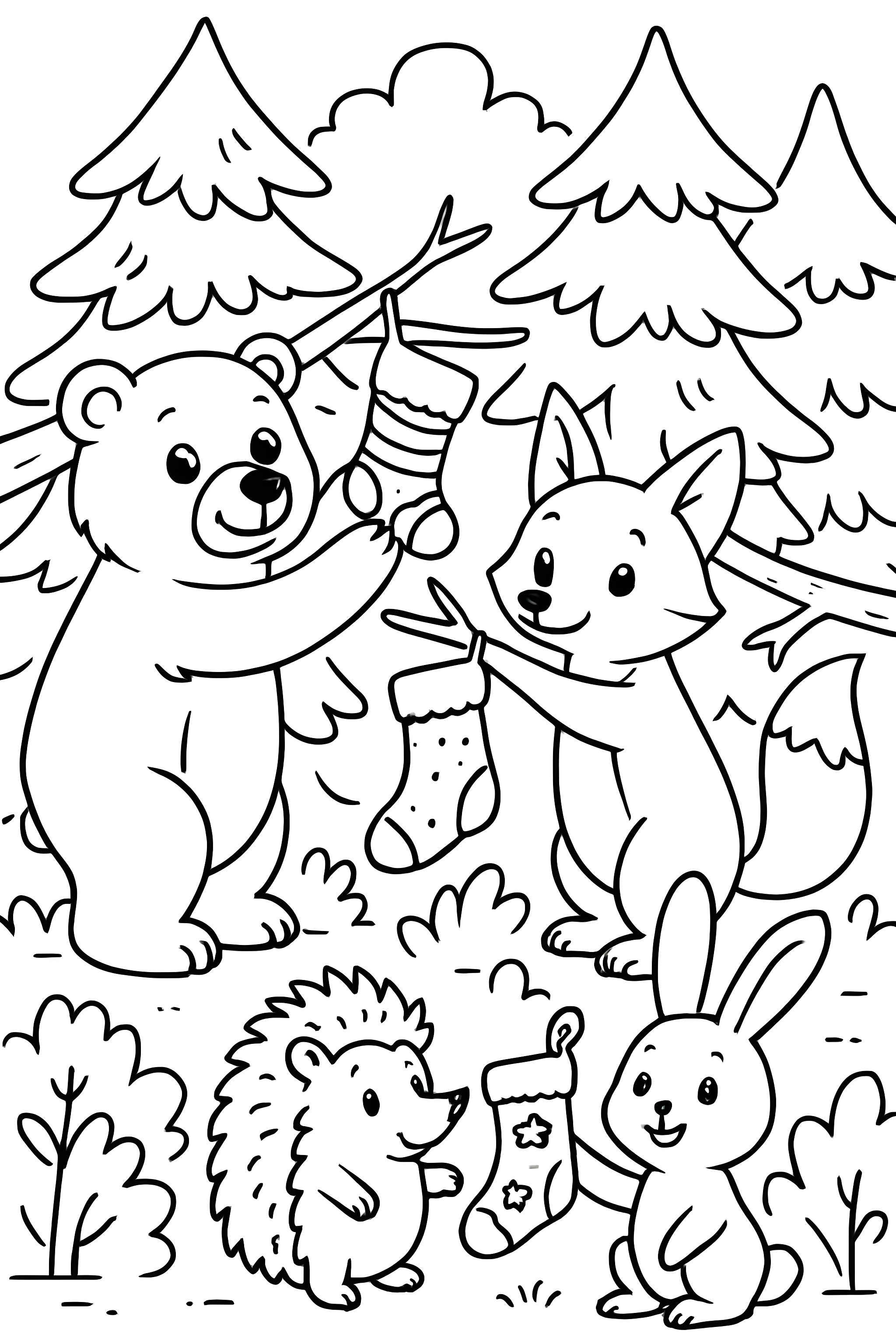 A bear, fox, hedgehog, and rabbit hanging Christmas stockings on tree branches in a forest setting