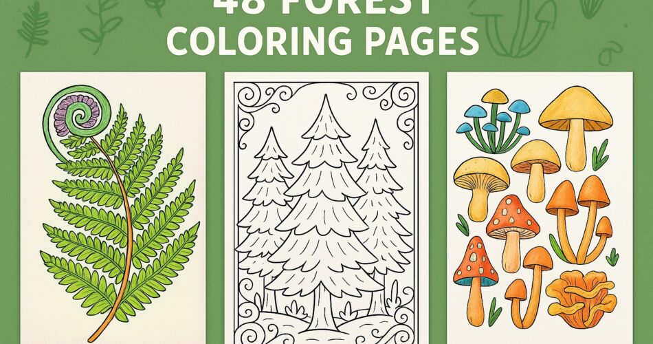 Image featuring three forest-themed coloring pages: a colored fern page on the left, a black-and-white evergreen tree page in the center, and a colored mushroom page on the right. Set against a green background with the title ‘48 Forest Coloring Pages’ at the top.