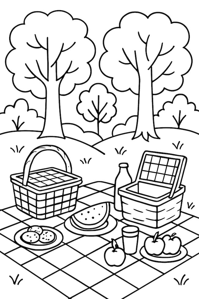 Coloring page of a picnic scene with baskets, a blanket, fruits, and trees in a forest