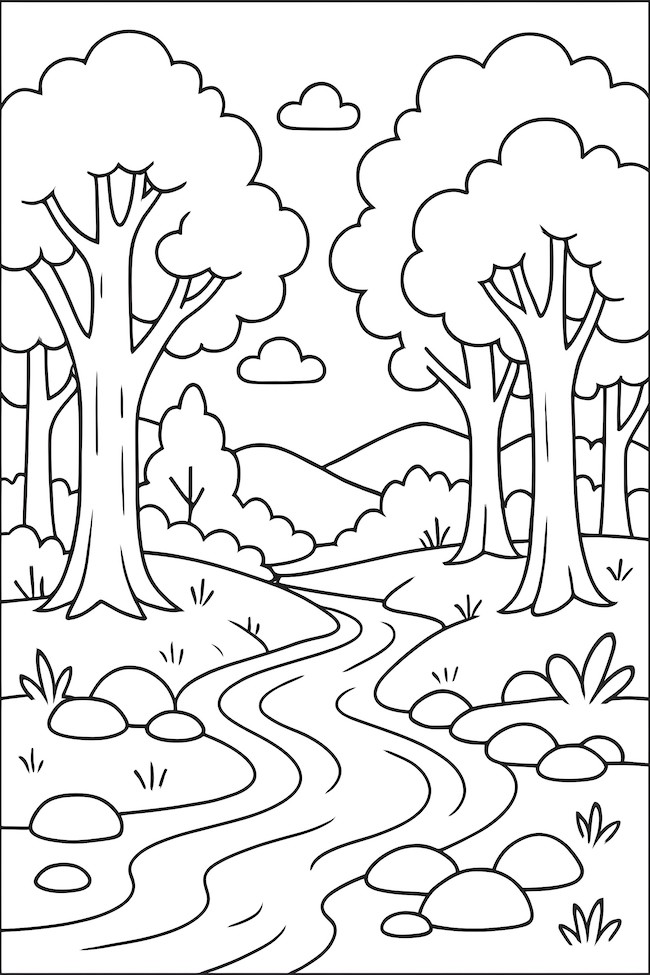 Coloring page featuring a tranquil stream flowing through a forest with large trees, rocks, and grassy areas under a partly cloudy sky