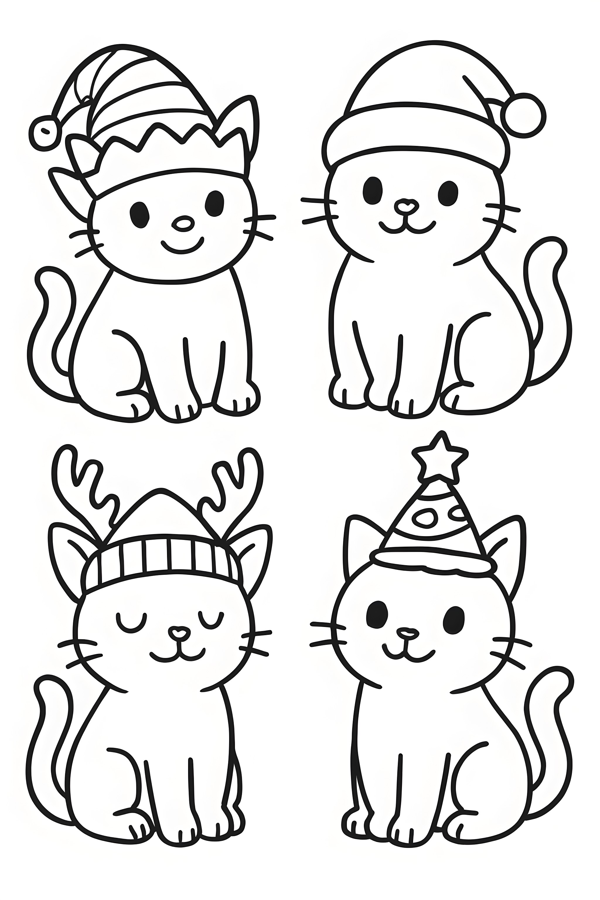 Coloring page featuring four cats in Christmas-themed hats: an elf hat, Santa hat, reindeer antlers, and a festive party hat
