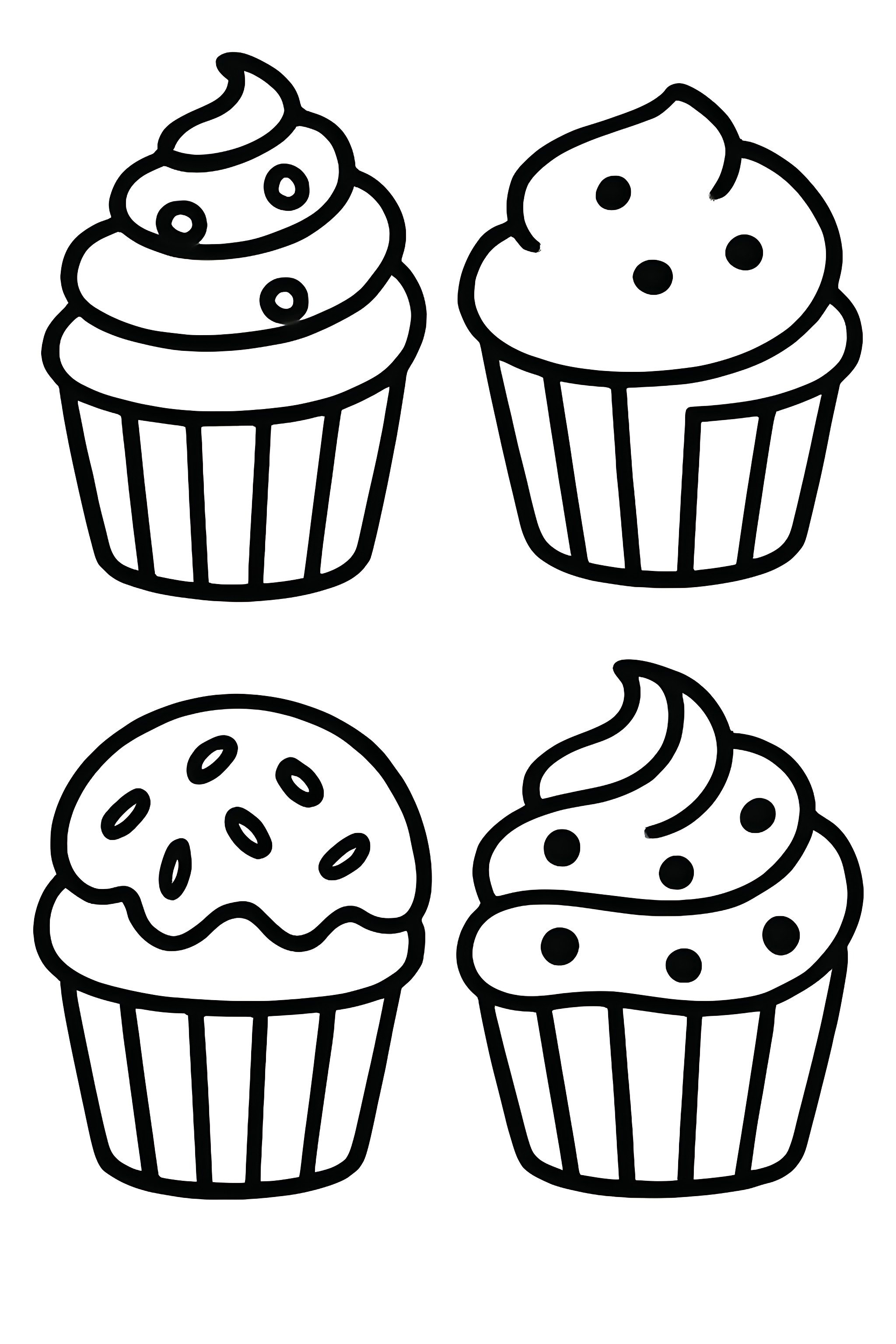 Coloring page featuring four cupcakes, each with distinct frosting patterns and toppings