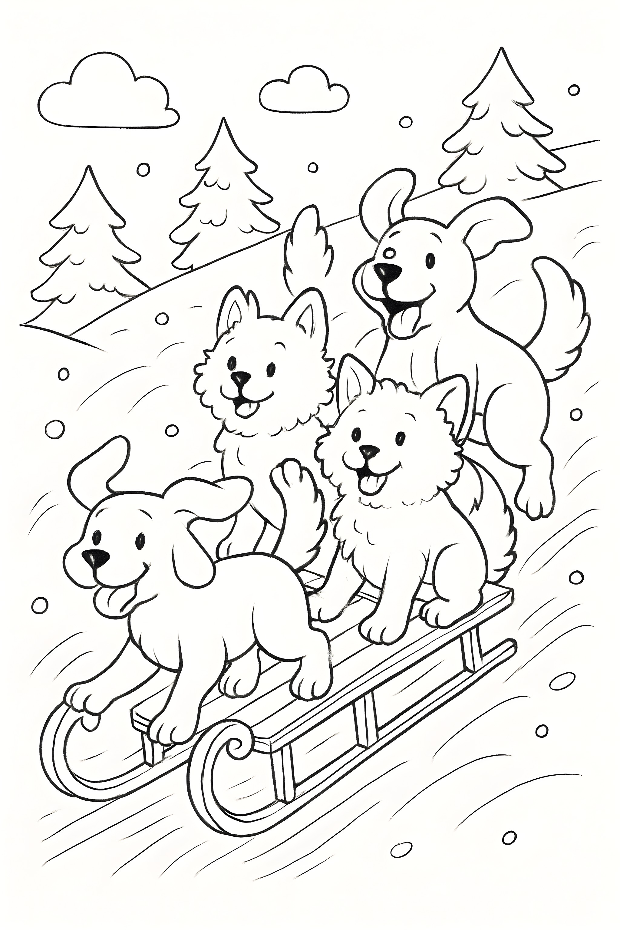 Coloring page featuring four dogs sledding down a snowy hill, each with unique looks and joyful expressions, surrounded by trees and falling snowflakes
