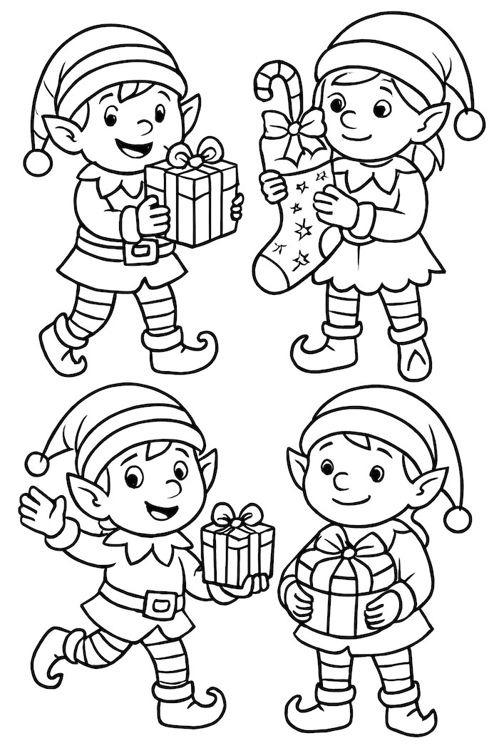 Coloring page of four elves in different poses, each holding various gifts, including a present, a stocking, and a candy cane