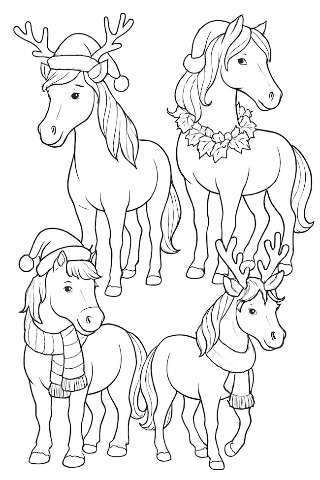 Collection of four horses wearing Christmas accessories including hats, scarves, and wreaths, featuring various poses and decorations