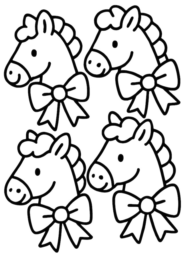 Coloring page featuring four geometric horse heads adorned with Christmas bows in a symmetrical pattern