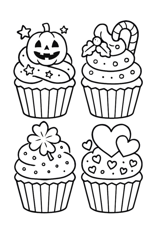 Coloring page of four cupcakes, each decorated for different holidays with unique toppings like a pumpkin, candy cane, clover, and hearts