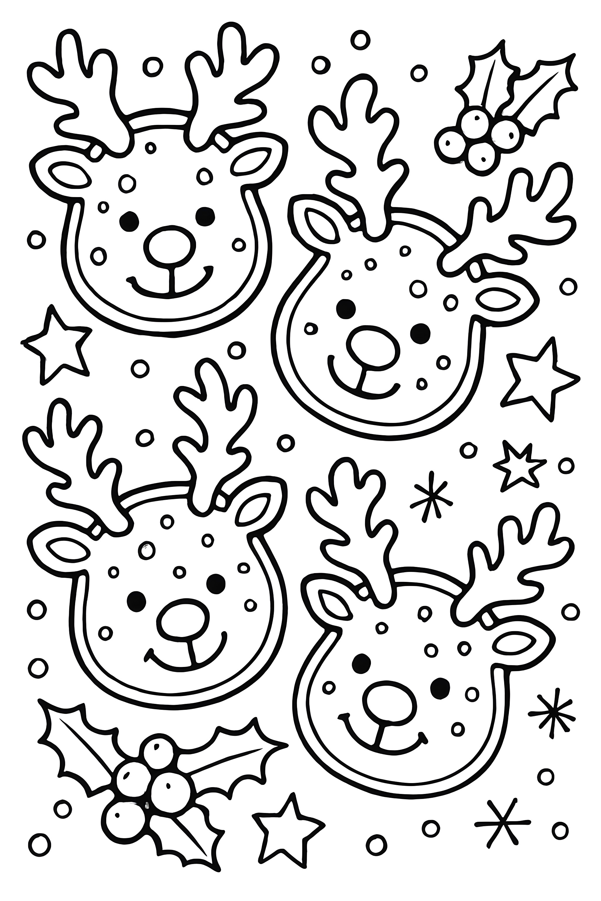 Coloring page featuring four reindeer heads with antlers, surrounded by stars, snowflakes, and holly leaves with berries
