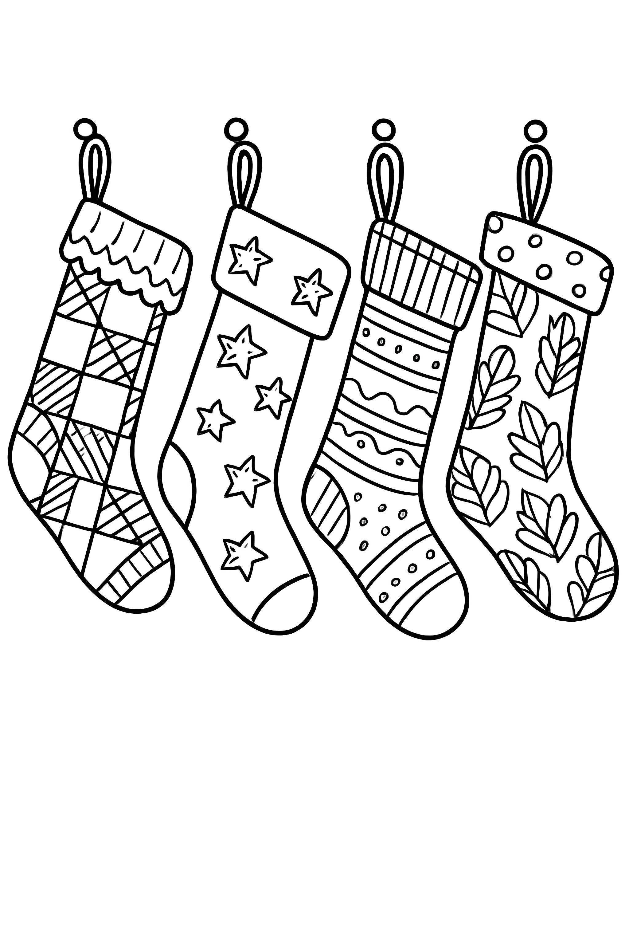 Four distinct Christmas stockings with various patterns and designs hanging on hooks
