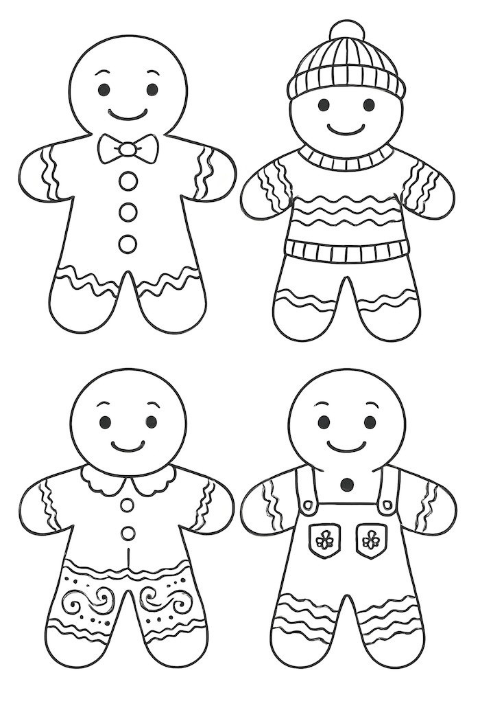 Coloring page featuring four distinct gingerbread men in various clothing designs including sweaters, bow ties, and overalls