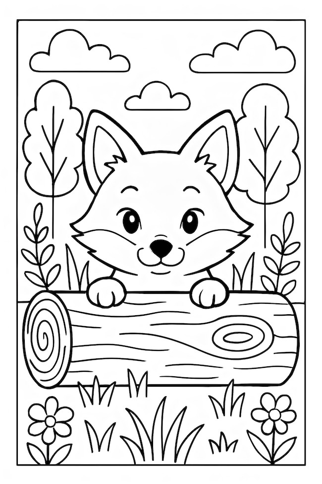 Coloring page of a fox peeking from behind a log with trees and clouds in the background