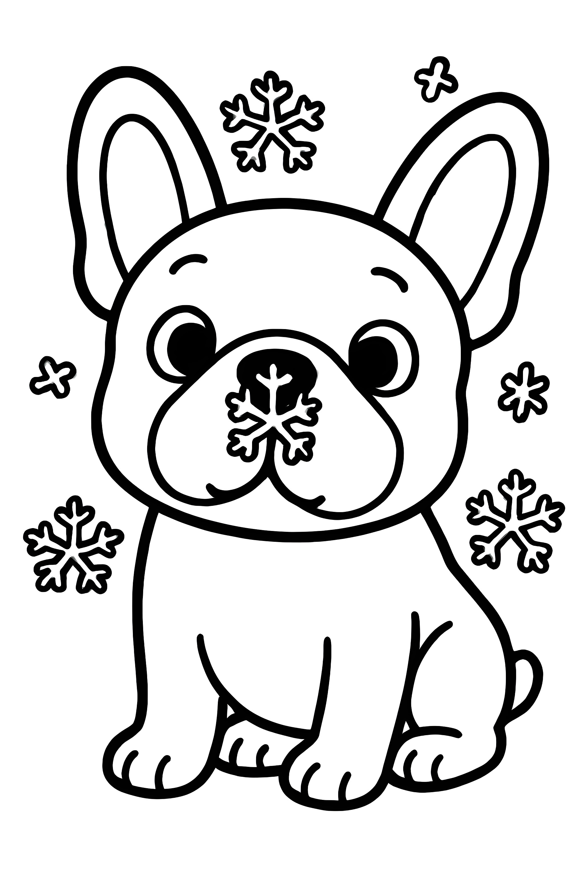 Coloring page featuring a French Bulldog with a snowflake on its nose, surrounded by more snowflakes