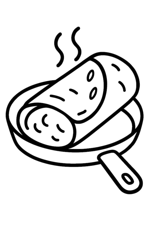 Coloring page of a shiny burrito resting in a frying pan with steam rising