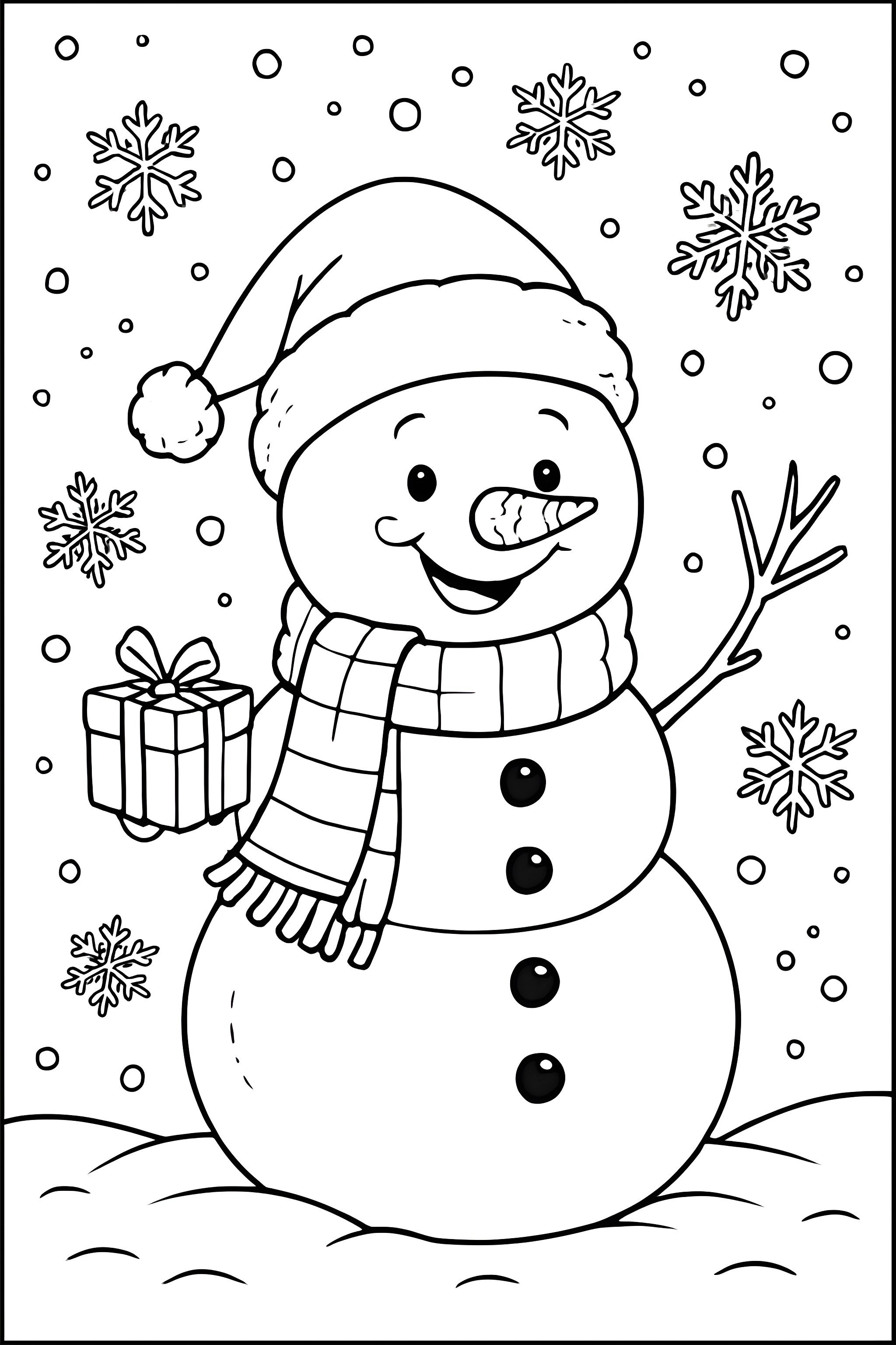 Coloring page featuring a happy snowman wearing a Santa hat, scarf, and holding a present, surrounded by snowflakes