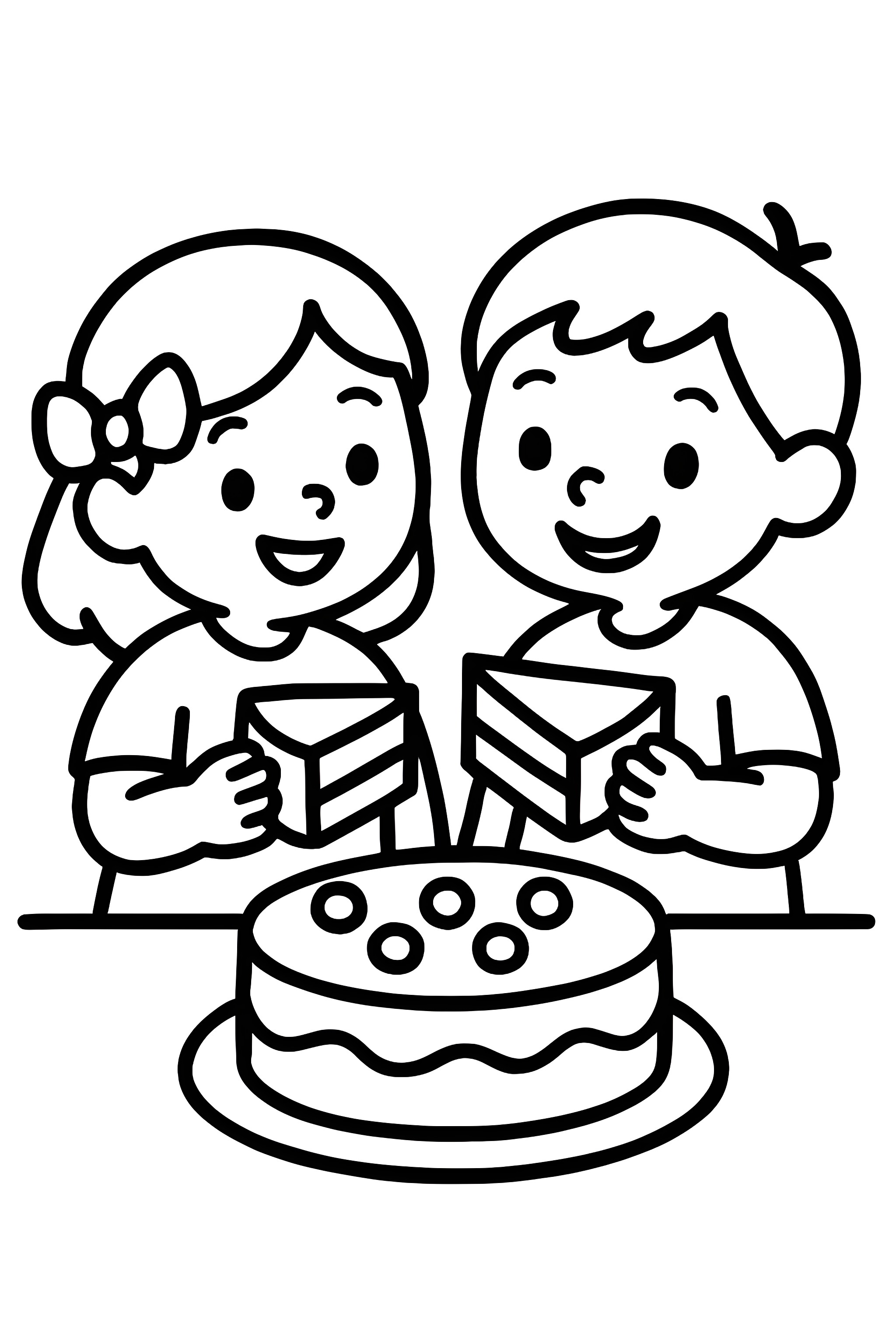 Coloring page of two children sharing slices of cake in front of a round cake decorated with icing and sprinkles