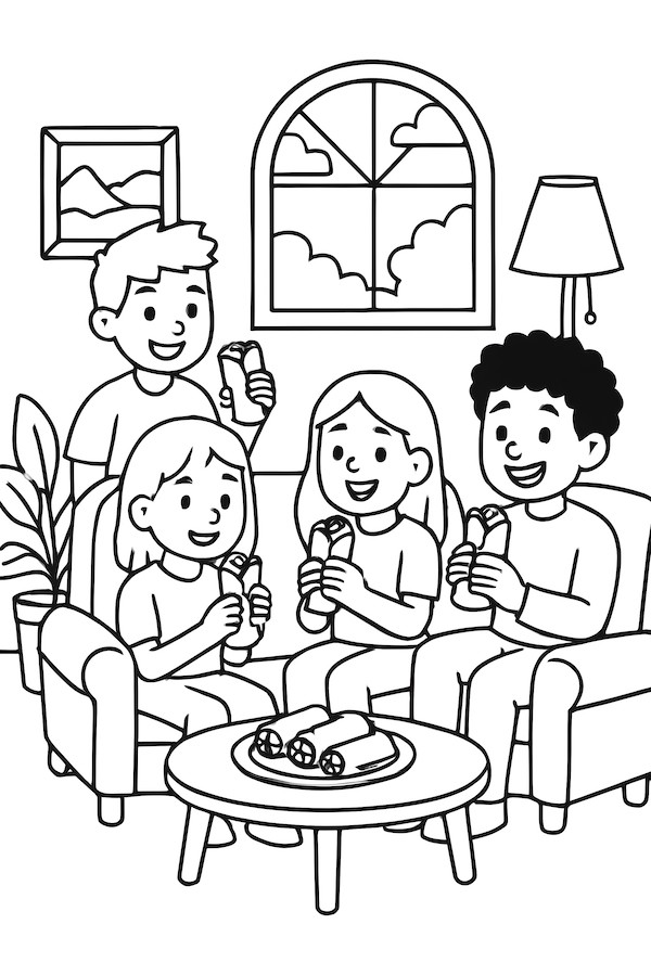 Coloring page of friends sitting in a cozy living room, enjoying burritos with a window and potted plant