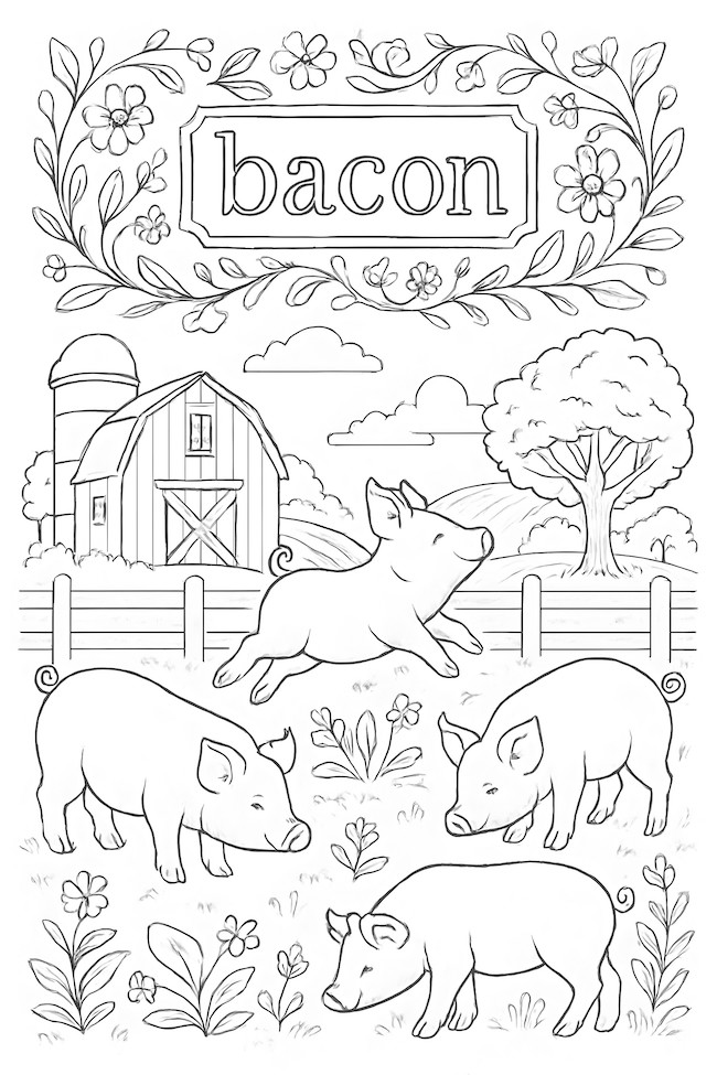 Coloring page of pigs playing in a farm with a barn and trees, featuring the word 'bacon'