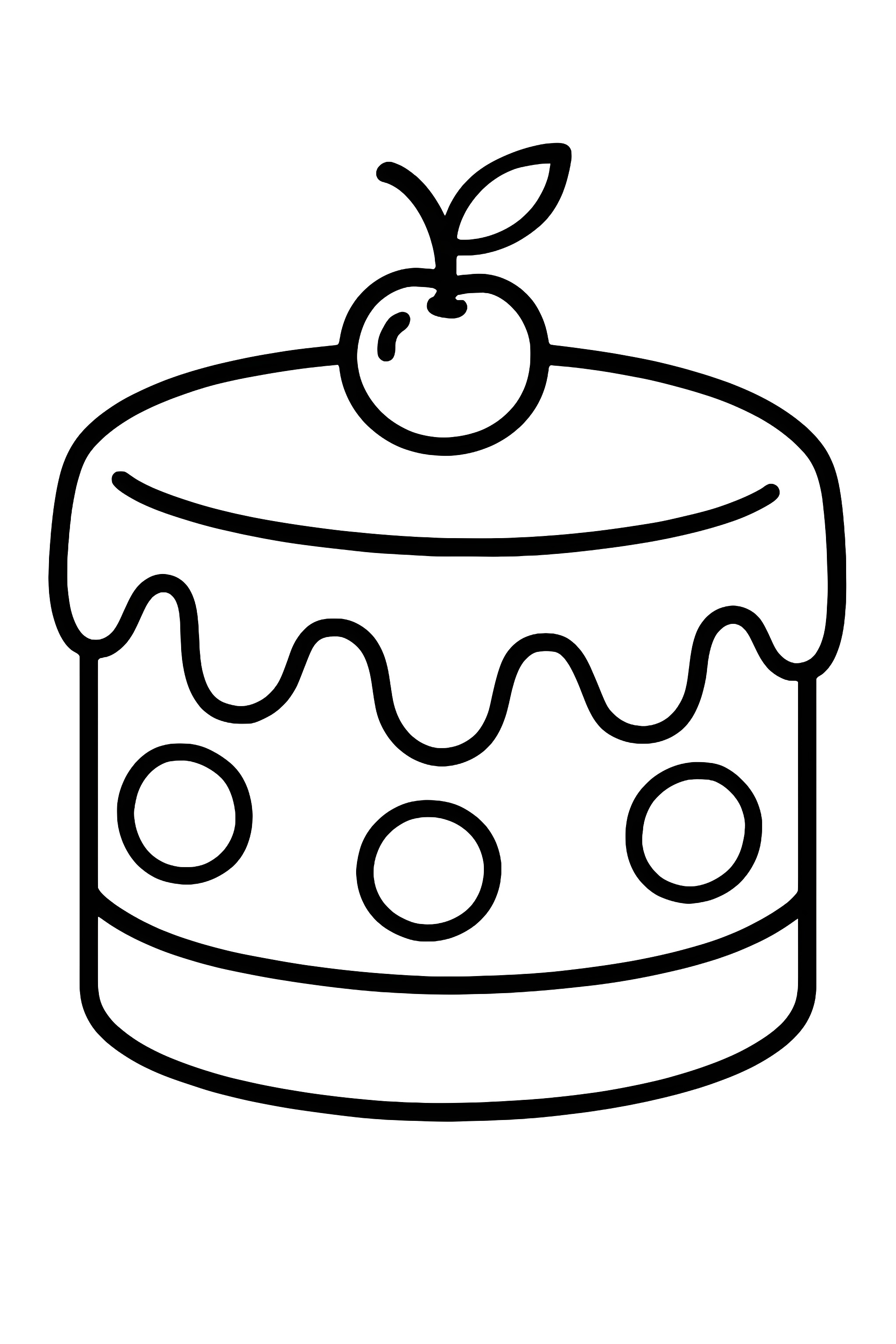 Coloring page of a large frosted cake featuring a cherry on top and decorative icing details
