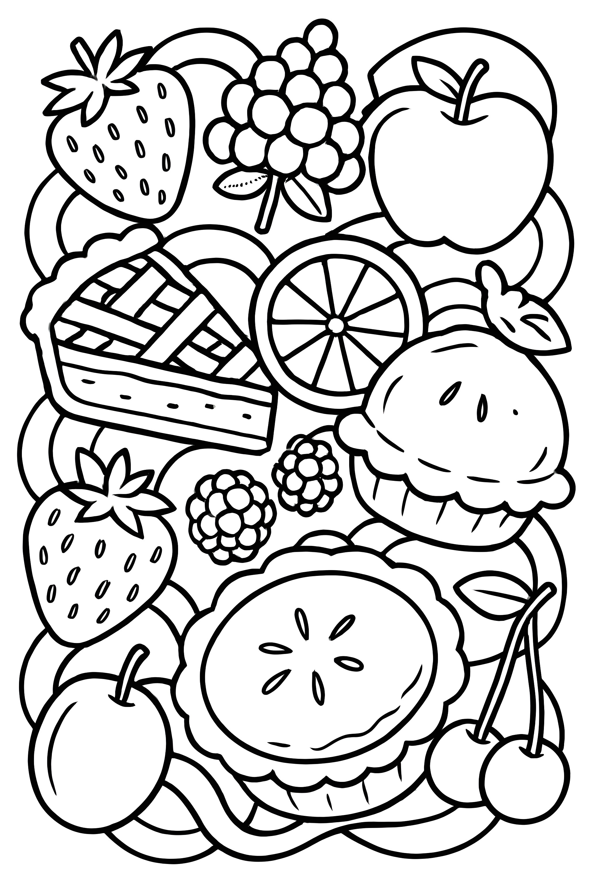 Coloring page featuring an intricate pattern of fruits and pies including strawberries, apples, cherries, and various pie motifs.