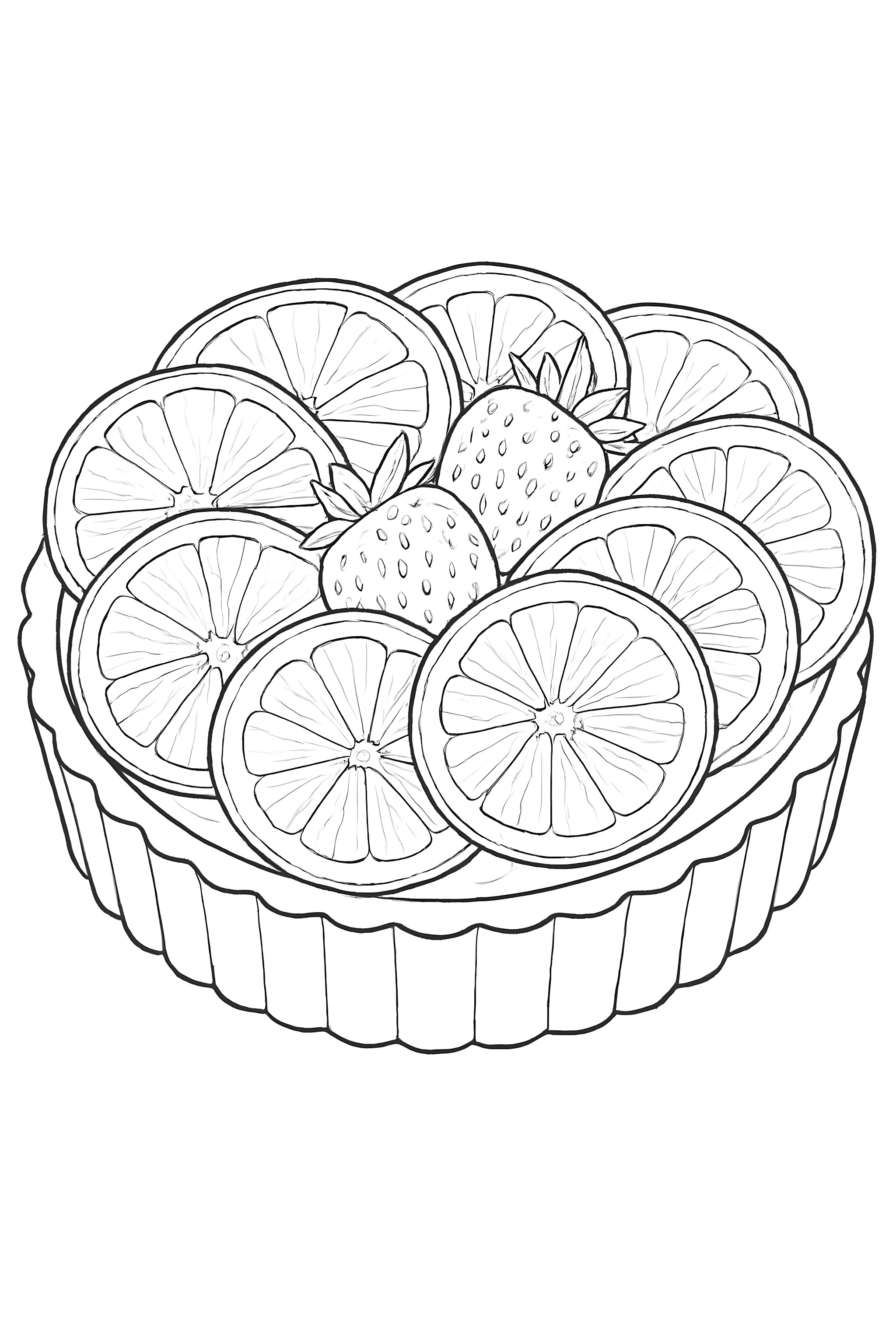 Coloring page featuring a tart topped with arranged slices of lemon and strawberries