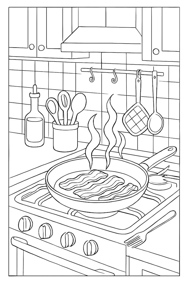 Coloring page of a kitchen scene with a frying pan of bacon, steam rising, and kitchen utensils hanging in the background