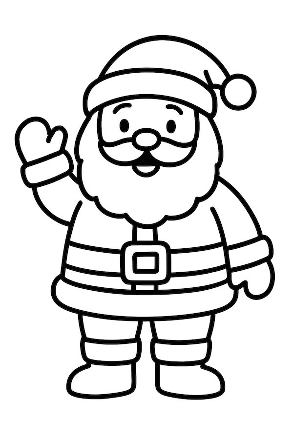 Santa Claus standing and waving with a big smile, wearing a red suit and hat